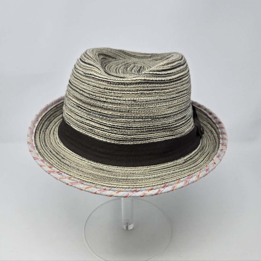 PISTIL TAN WOVEN FEDORA HAT CAP SMALL ROLLED BRIM FABRIC WOMEN OS BROWN BAND